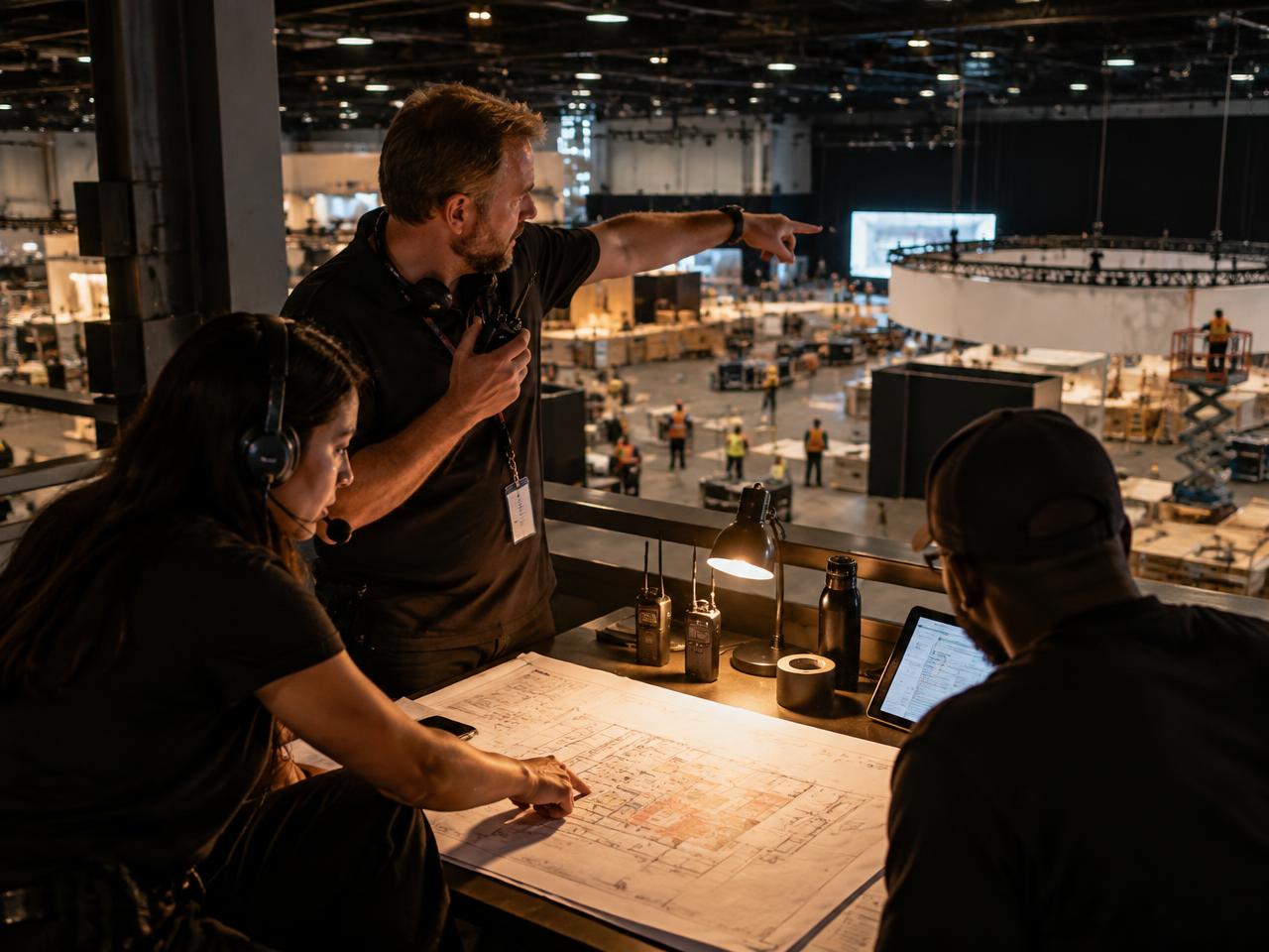 Event producers coordinating an exhibition build